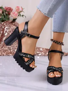 Boho Braided Gemstone Chunky Heel Sandals, Colorful Woven Straps, Blue Stone Decor, Waterproof Zigzag Platform, Party Dance Summer Vacation