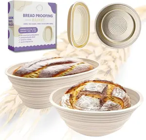 Banneton Bread Proofing Basket - Includes Oval & Round Foldable proofing Bowls (9.5 Inch) - Oven & Dishwasher Safe, Gifts for Artisan Bakers - Beige