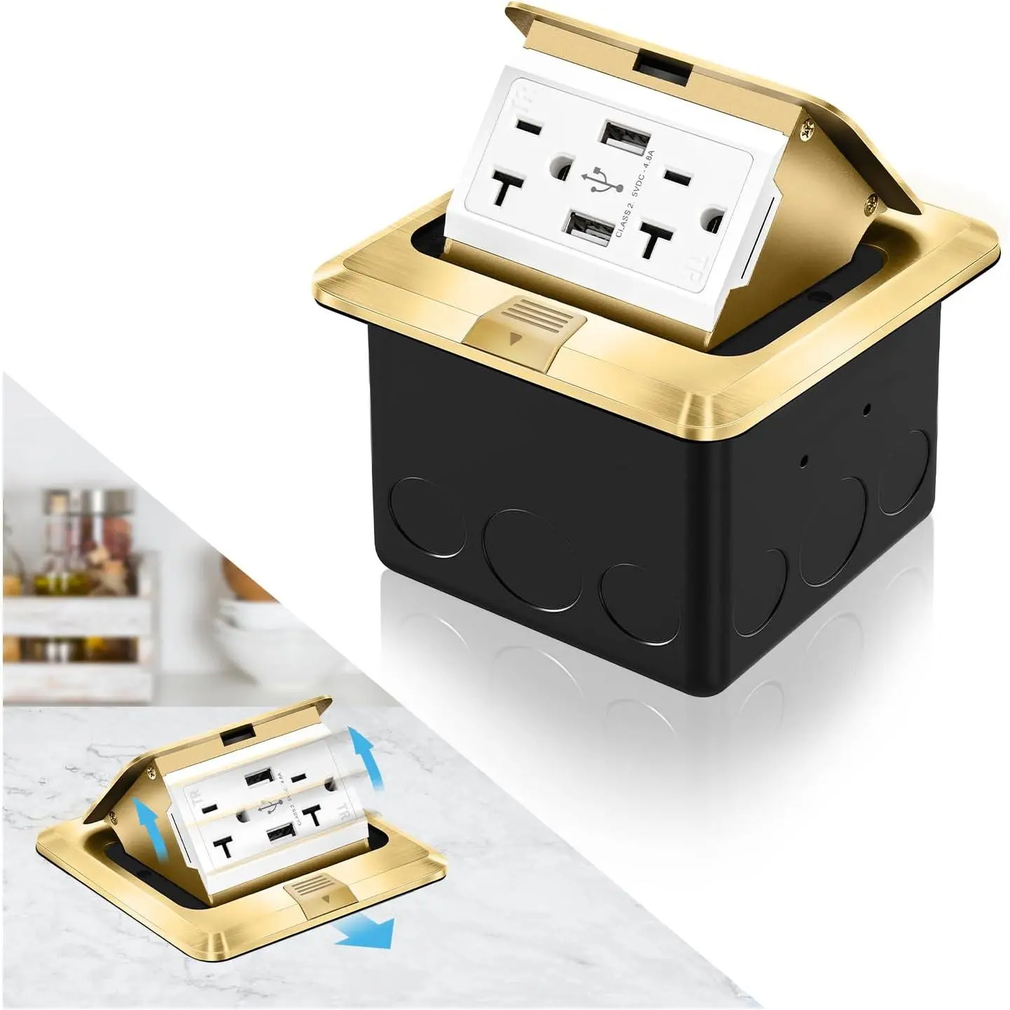 ETL Certified Gold Pop Up Floor Outlet Stainless Steel Box Kit (1 Pack) - Fixed with Glue & Screws, 5V/4.8A USB Outlet, 20A Tamper-Resistant Receptacle, IP44 Waterproof Socket, 4.75" L x 4.75" W x 2.7" H for Indoor Kitchen, Dining, Marble Countertops