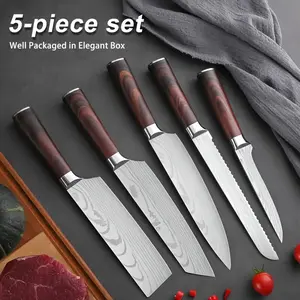 5-piece multifunctional laser patterned kitchen knife set with high hardness stainless steel blade imitation wooden handle and plastic handle design for home cooking knives