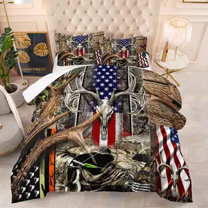 Camo Skull Deer Head & American Flag Pattern Comforter Set, 1 Comforter & 1/2 Pillowcase without Filler, Soft Comfortable Bedding Set for Home Bedroom, Quilt Bedding Set