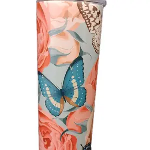 Butterfly & Floral Tumbler - Elegant Design with Blue Butterfly and Pink Roses - Perfect for Drinks - Stylish and Functional