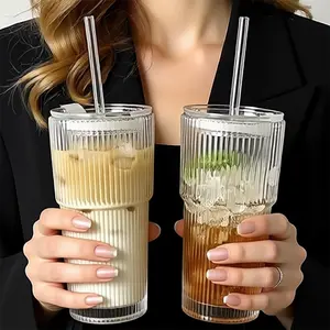 Large-Capacity Striped Glass Tumbler Water Bottles with Lid, 13.53oz & 20.29oz, Reusable Cold-Drink Cup for Juice or Coffee, Hand-Wash-Only Drinkware for Home, Office, Celebrations & Gift