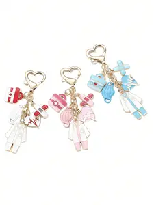 Nurse Doctor Theme Keychain, Round Metal Material, Heart and Medical Elements, Healthcare, Decorative for Cars and Bags, Spring Clip