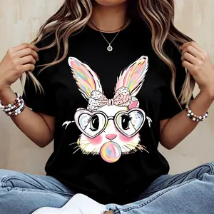 Cute Bunny Rabbit T-Shirt White Colorful Easter Bunny With Heart Glasses And Bubblegum Print For Spring And Holiday Wear