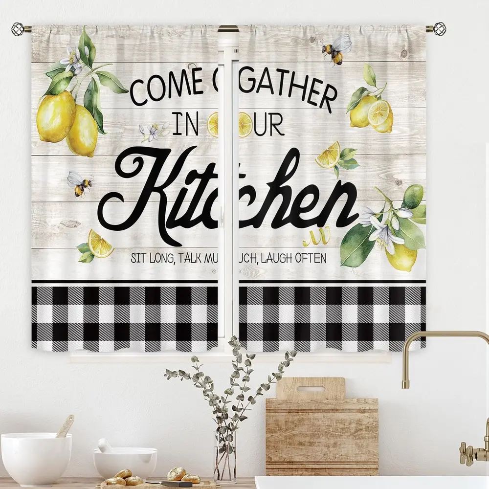 Lemon Kitchen Curtains 52*63 Inch Rod Pocket Rustic Lemon Kitchen Decor Farmhouse Kitchen Curtain Wood Plank Buffalo Plaid Country Yellow Fruit Small Window Drapes Treatment Fabric 2 Panel,Summervibes Interior Decoration Accessories