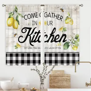 Lemon Kitchen Curtains 27.5Wx39H Inch Rod Pocket Rustic Lemon Kitchen Decor Farmhouse Kitchen Curtain Wood Plank Buffalo Plaid Country Yellow Fruit Small Window Drapes Treatment Fabric 2 Panel