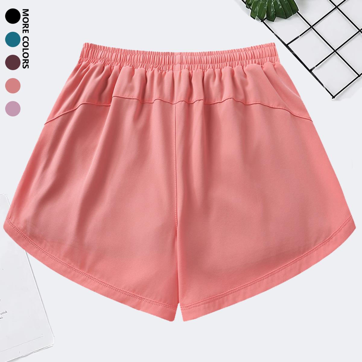 Women’s summer shorts: double-layer faux two-piece mid-length knit pants made from polyester–spandex fabric; breathable, quick-drying compression base layer shorts with elastic drawstring waist; suitable for fitness training, casual sports, and running.