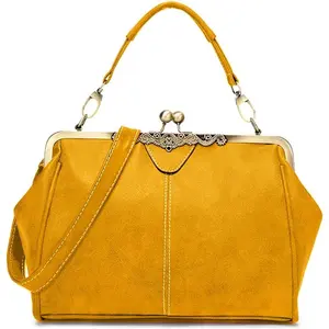 Women Vintage Small Retro Handbags Kiss Lock Crossbody Purse Frosted Leather Messenger Bag Tote