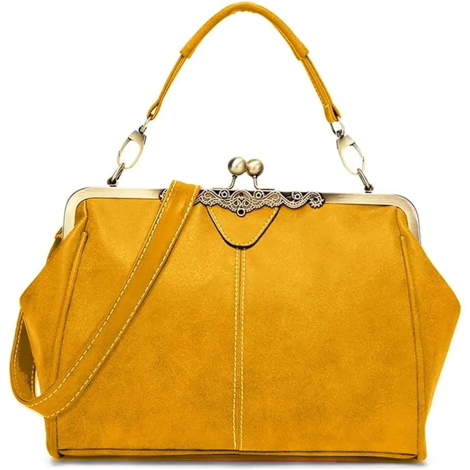 Women Vintage Small Retro Handbags Kiss Lock Crossbody Purse Frosted Leather Messenger Bag Tote
