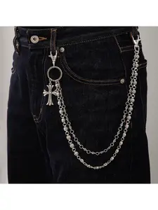 Trendy European American Hip Hop Punk Metal Double Layer Cross Flower Cross Adjustable Waist Chain Jean Chain Unisex Accessory