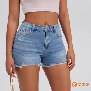 OQQfitness Women's Mid-Waist Ripped Jeans Shorts - Vintage Style, Stretchy Denim Bottoms with Raw Edge Hem & Frayed Detailing for Everyday Wear Casual Polyester SpringStatements