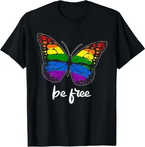 100% Cotton Rainbow Butterfly Gay Pride Retro LGBT-Q Lesbian Ally T-Shirt