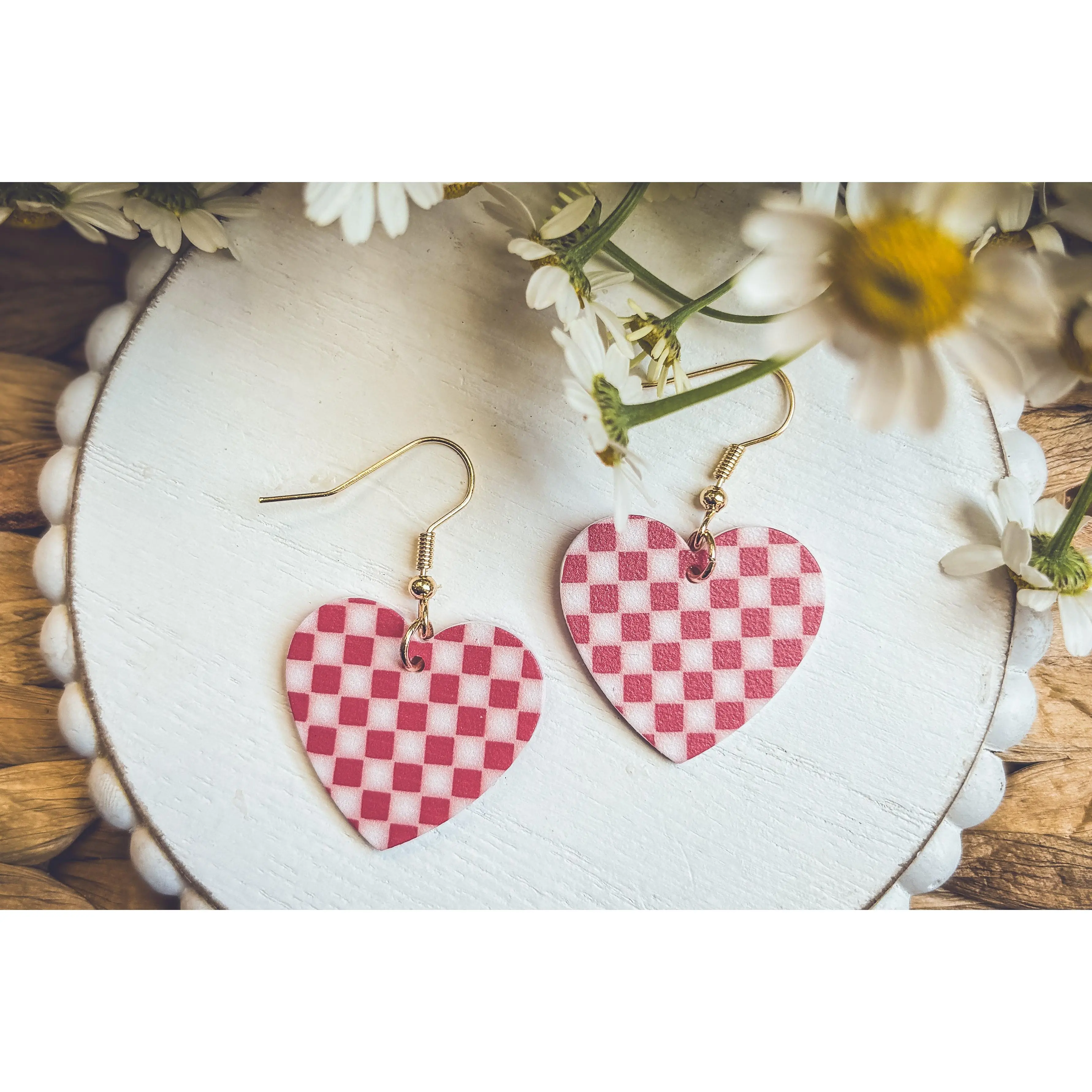 Adorable Red Checkered Heart Earrings