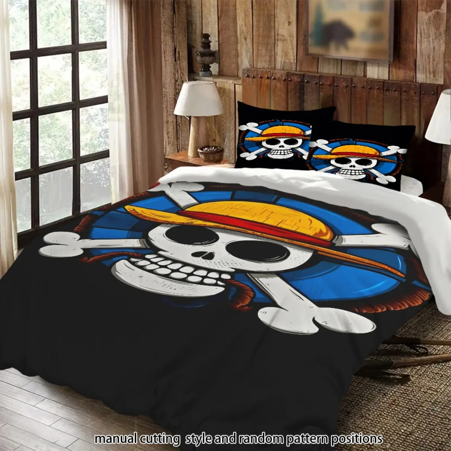 One Piece Straw Hat Pirates logo skull 3-piece Decorative household Theme Bedding Set with skull and crossbones, suitable as a gift.