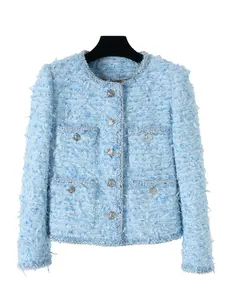 Elegant Blue Tweed Jacket for Women, High-End Design, Fashionable Single-Breasted Outerwear, Perfect for Casual & Formal Occasions 28205