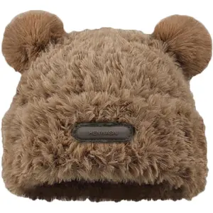 Cute Fuzzy Bear Ear Beanie Hat for Women Skin-Friendly Plush Warm Woolen Hat Winter Faux Fur Animal Knitted Hat Cap
