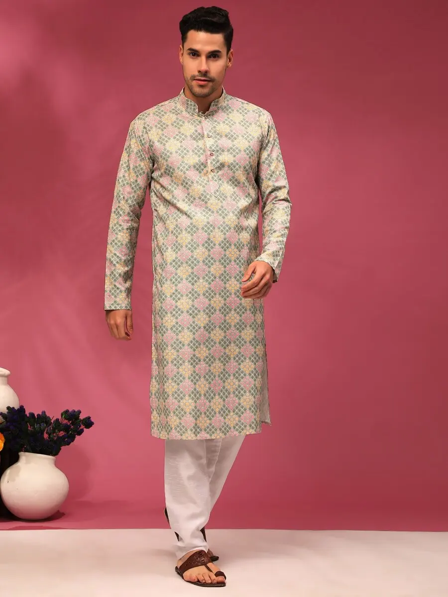 INDIAN Cotton Printed Men’S Kurta with Payjama Grey L-40