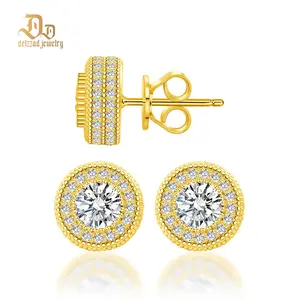 Delzzad 18k Gold-Plated Hip Hop Iced Out Halo Stud Earrings Round Synthetic Moissanite Earrings S925 Studs For Men Women Birthday Anniversary Mother's Day Christmas Gifts