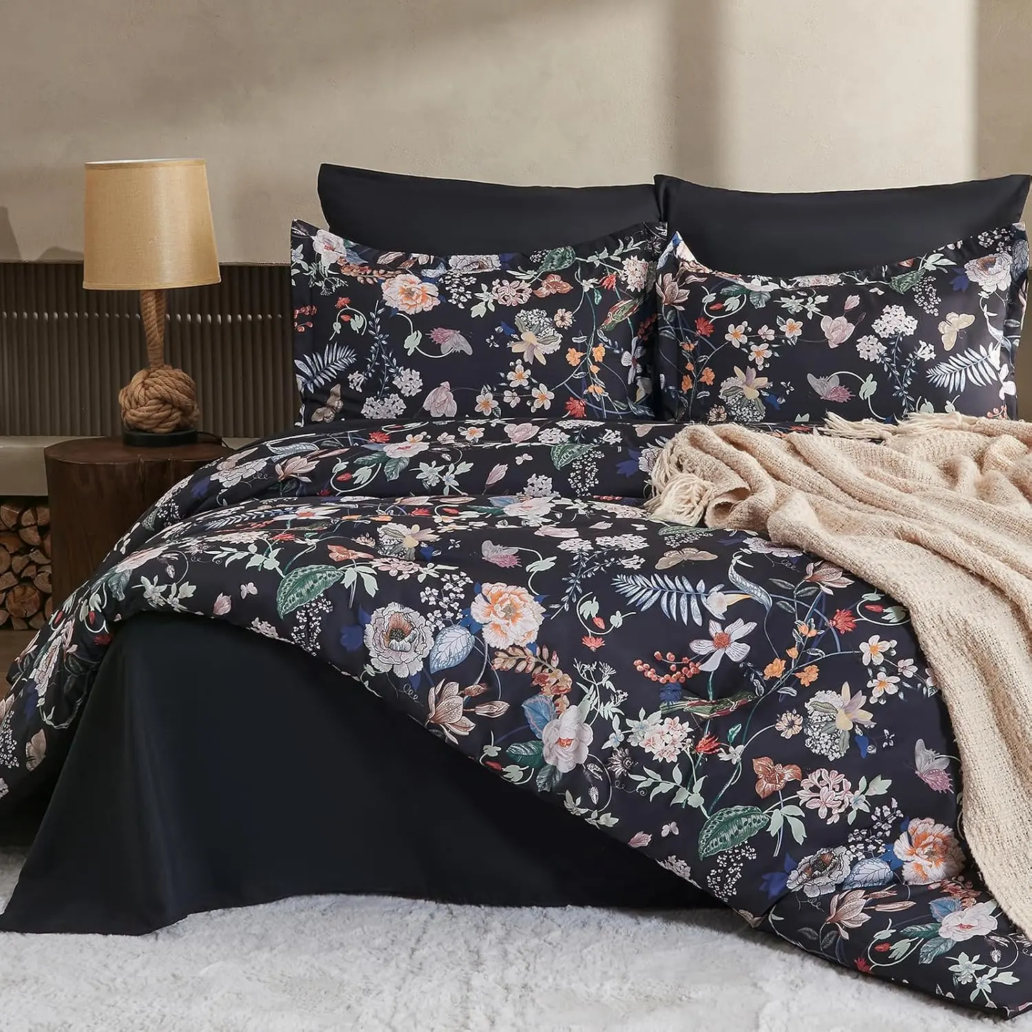7 count  Comforter Set, Black Butterfly Floral Comforter Set with  Leaves , Soft Microfiber Complete Bedding Set for All Season(Black, )
