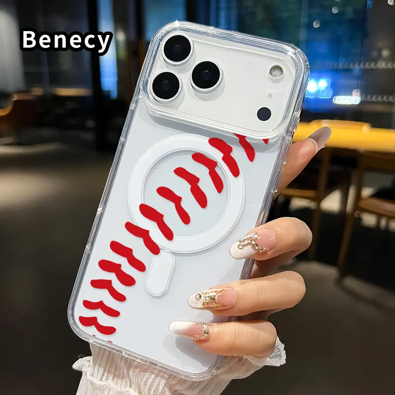 Magnetic Phone Case Supports Wireless Charging for iPhone 17 16  Pro Max Plus 15 14 13 12 11 Air E Baseball Stitch Grace Pattern Non-Yellowing Shockproof Soft Silicone Transparent Acrylic Large Hole Cover