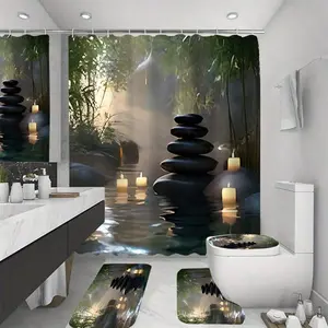 1/4 Pcs "Zen Garden" Shower Curtain Set, "Tranquil Oasis" Bathroom Decor, Bathroom Accessories Include Bath Mat, U-Shaped Mat, Toilet Lid Cover, 70.87x70.87 Inch Shower Curtain With 12 Hooks, Perfect For "Relaxation Space"
