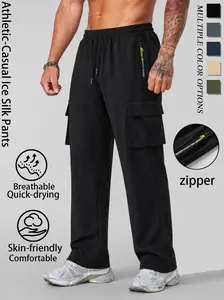 Men’s ice silk long pants, baggy wide-leg sweatpants, casual loose-fit drawstring pants—lightweight, quick-drying, breathable casual cargo pants suitable for the gym, outdoor hiking, and everyday wear, featuring utility pockets and distinctive zippered po