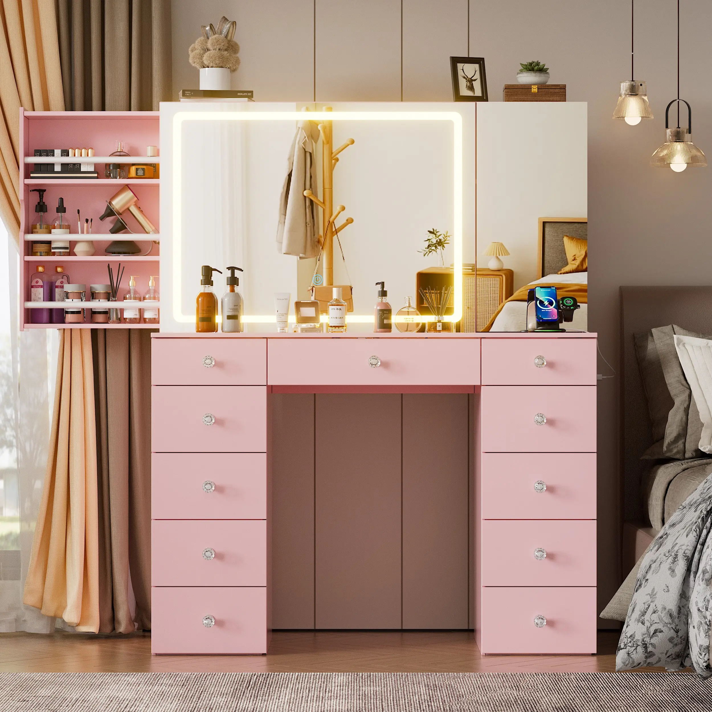 Vanity Set with Oversize Lighted Mirror, Large Vanity Desk with Charging Station, Makeup Vanity Table with 11 Drawers, Hidden Sliding Storage Cabinet, Visible Glass Tabletop for Bedroom Furniture Design Cosmetics Interior