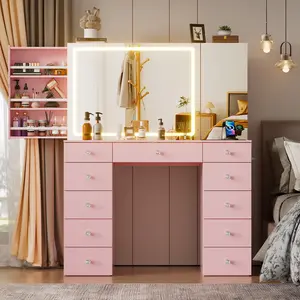 Vanity Set with Oversize Lighted Mirror, Large Vanity Desk with Charging Station, Makeup Vanity Table with 11 Drawers, Hidden Sliding Storage Cabinet, Visible Glass Tabletop for Bedroom Furniture Design Cosmetics Interior
