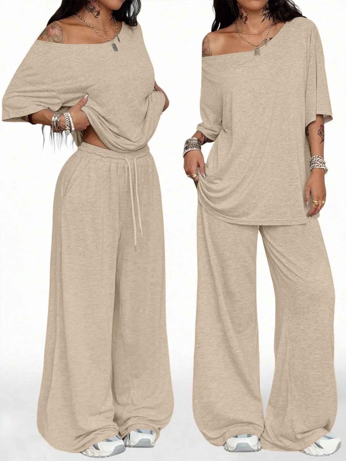 Spring Women's Casual Solid Color Sport Two-Piece Set, Short Sleeve Top & Loose Long Drawstring Wide Leg Pants, Slant Neck Pants, Comfortable and Stylish, Casual Sportswear Set