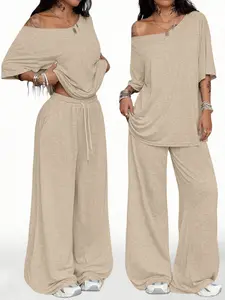 Spring Autumn Women's Casual Solid Color Sport Two-Piece Set, Short Sleeve Top, Loose Long Drawstring Pants, Slant Neck Wide Leg Pants, Comfortable and Stylish