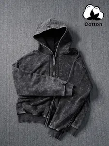 Men's Vintage Wash Long Sleeve Graphic Hoodies with Zipper, Oversized Fitted Cotton Pullover Sweatshirts, Casual Fashion Streetwear for Spring & Fall, Daily Wear and Home Leisure