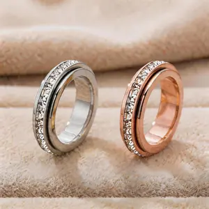 2PCS Sparkly Stackable Spinner Rings, Titanium Steel CZ-Inlaid Matching Couple Rings for Women & Men with Gift Box, Stackable Ring