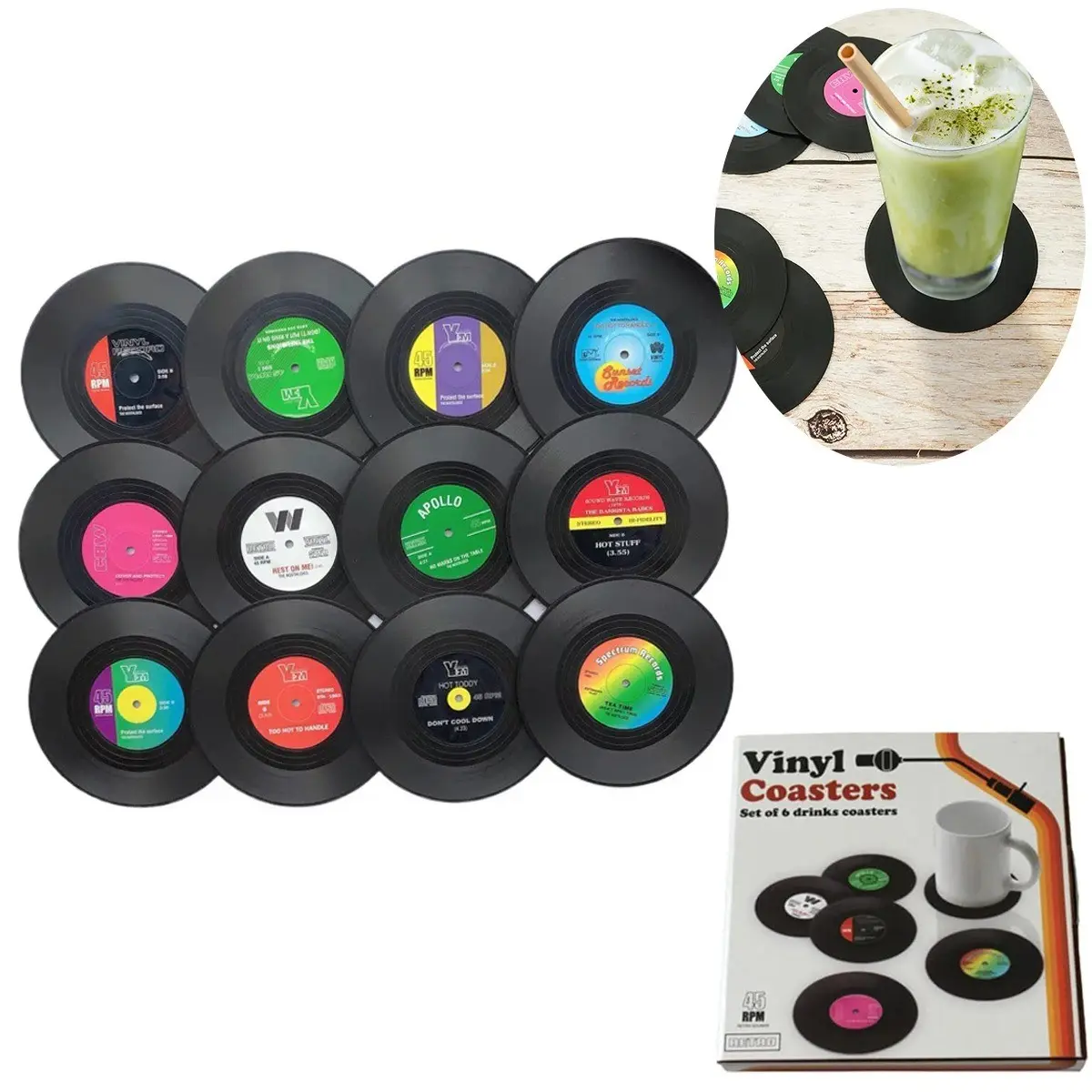12 Counts Vinyl Record Coasters – 4.1"Non-Slip Coasters for Coffee Table Bar Kitchen Retro Gift for Music Lovers DJs & Audiophiles Set