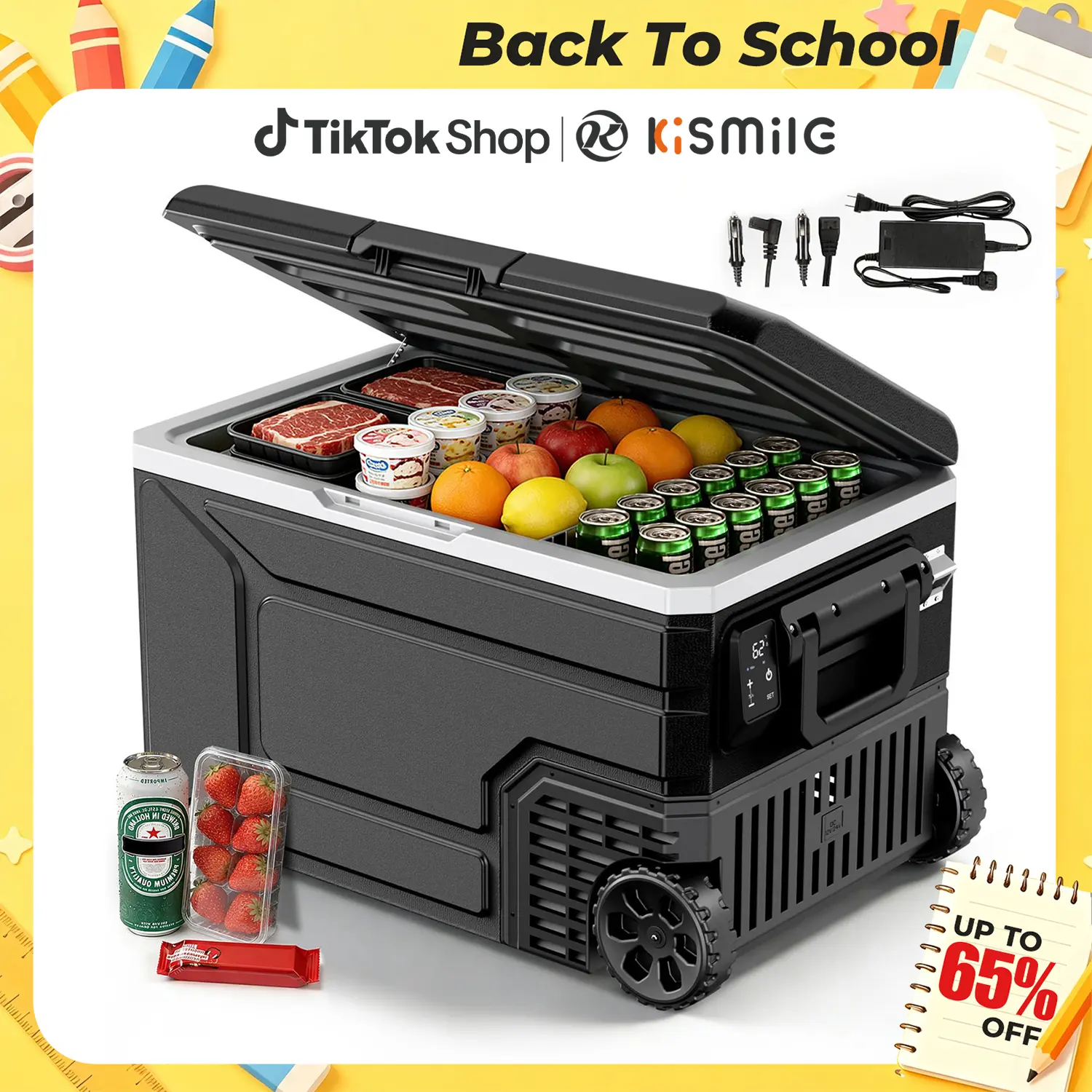 Kismile Large Size 12V Portable Refrigerator Beverage Cooler - 42/53/68QT, Dual-Voltage 12V/24V DC, 2 Power Supplies, Switchable Dual Mode, Intuitive Display, -4°F to 68°F Freezer, Adjustable Wheels Handle for Car Camping, 4°F‑68°F Set Temp