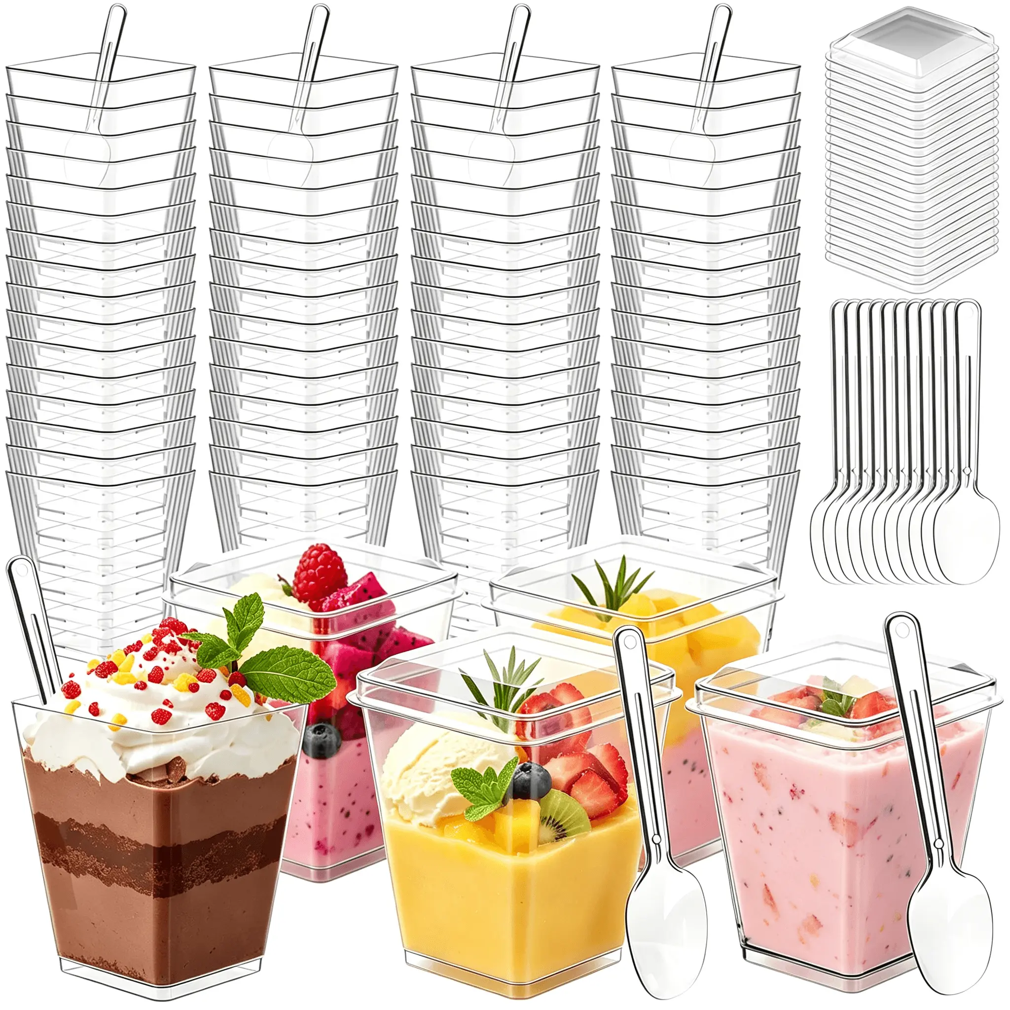 50 Pack Square Clear Dessert Cups with Lids and Spoons, 5 oz Disposable Parfait Cups, Food Grade Plastic Pudding Mousse Cups, Mini Appetizer Cups for Party Catering Home Baking Restaurant