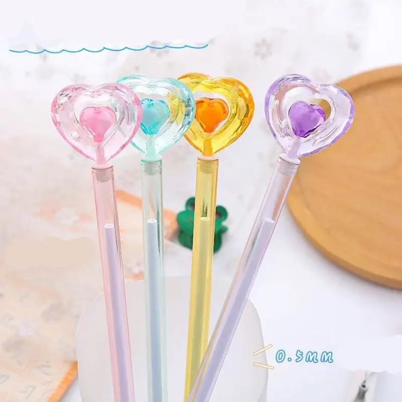 4pcs Creative Crystal Heart Gel Pens, Cute Stationery Student Water Pens, High Aesthetic Office Signature Pens, Fairy Wand Design, Writing Pen