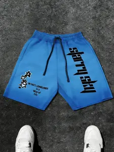 Unisex Blue Gothic "Starry Sky" Text & Star Print Loose Shorts | Y2K Streetwear Clean Fit Casual Athletic Pants