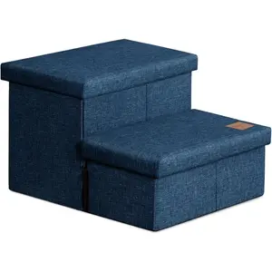 Dog Stairs with Storage 13" H, Foldable Pet Stairs for Small Medium or Large Dogs, Cat Puppy Steps Ramp Holds up to 150 lbs, Navy Blue, 2 Steps