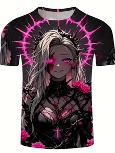 graphic T-shirt featuring Japanese anime characters, purple, casual round neck polyester top, slightly stretch knit fabric, regular fit, summer adult portrait print top