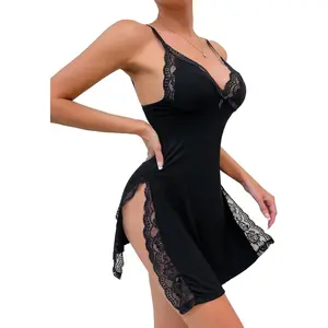 Women's 2-Piece Loungewear Set - Sexy Split-Side Floral Lace Trim Full Slip Nightwear Lingerie, Including Nightie, Night Gown for Women and Thong