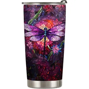 20oz Dragonfly Coffee Cup, Dragonfly Gifts for Dragonfly Lovers, Colorful Purple Stained Glass Mosaic Dragonfly Tumbler Cup, Stainless Steel Coffee Thermos Insulated Travel Mug with Lid - L