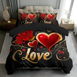 3-piece Valentine's Day Love digital printed bedding made of polyester material (including 1 duvet cover and 2 pillowcases) without filling is the preferred bedding for bedrooms, dormitories, and famous guests