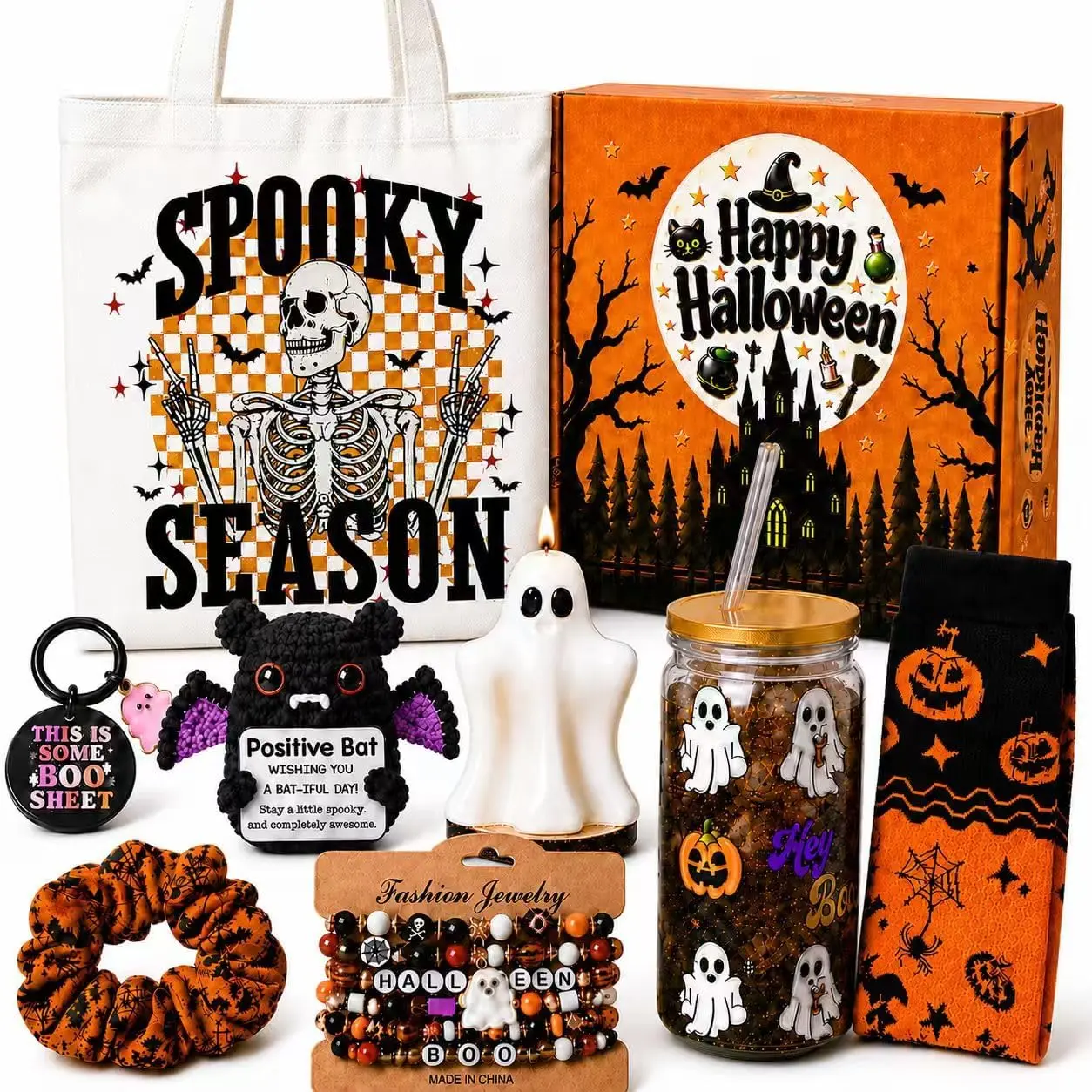 Boo Basket for Teen Girls Women, 13 Pcs Halloween Gift Set with Spooky Glass Cup, Candle, Socks & Party Essentials, Halloween Gifts for Girls, Teens, Sisters, Friends & Women, Boo Basket Ideas