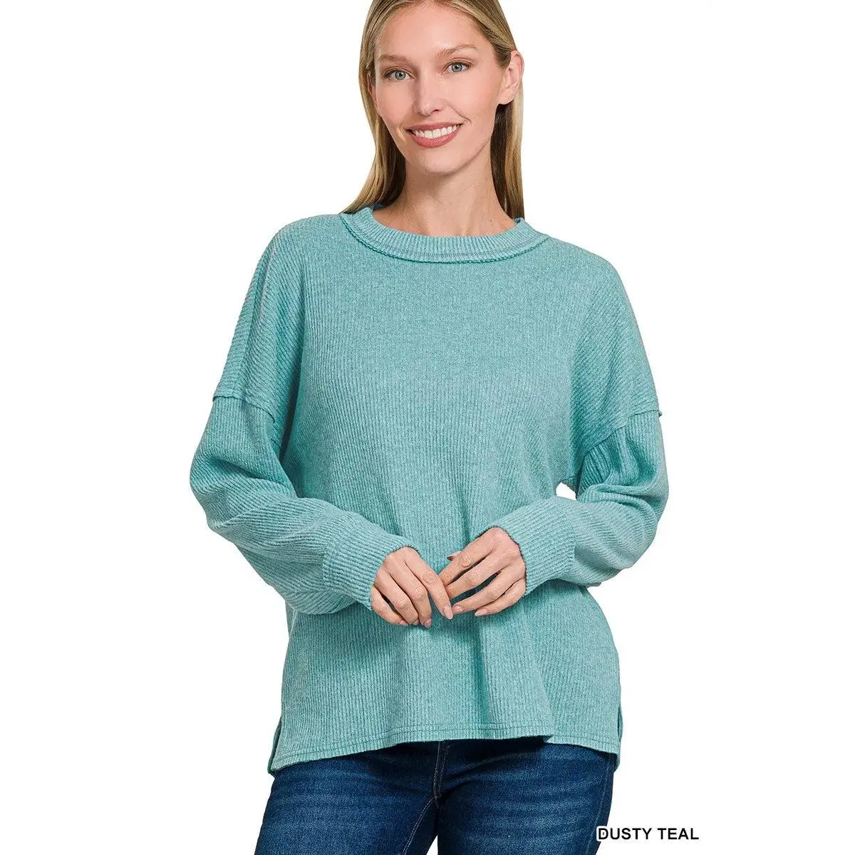 Zenana Brushed Ribbed Hacci Drop Shoulder Sweater