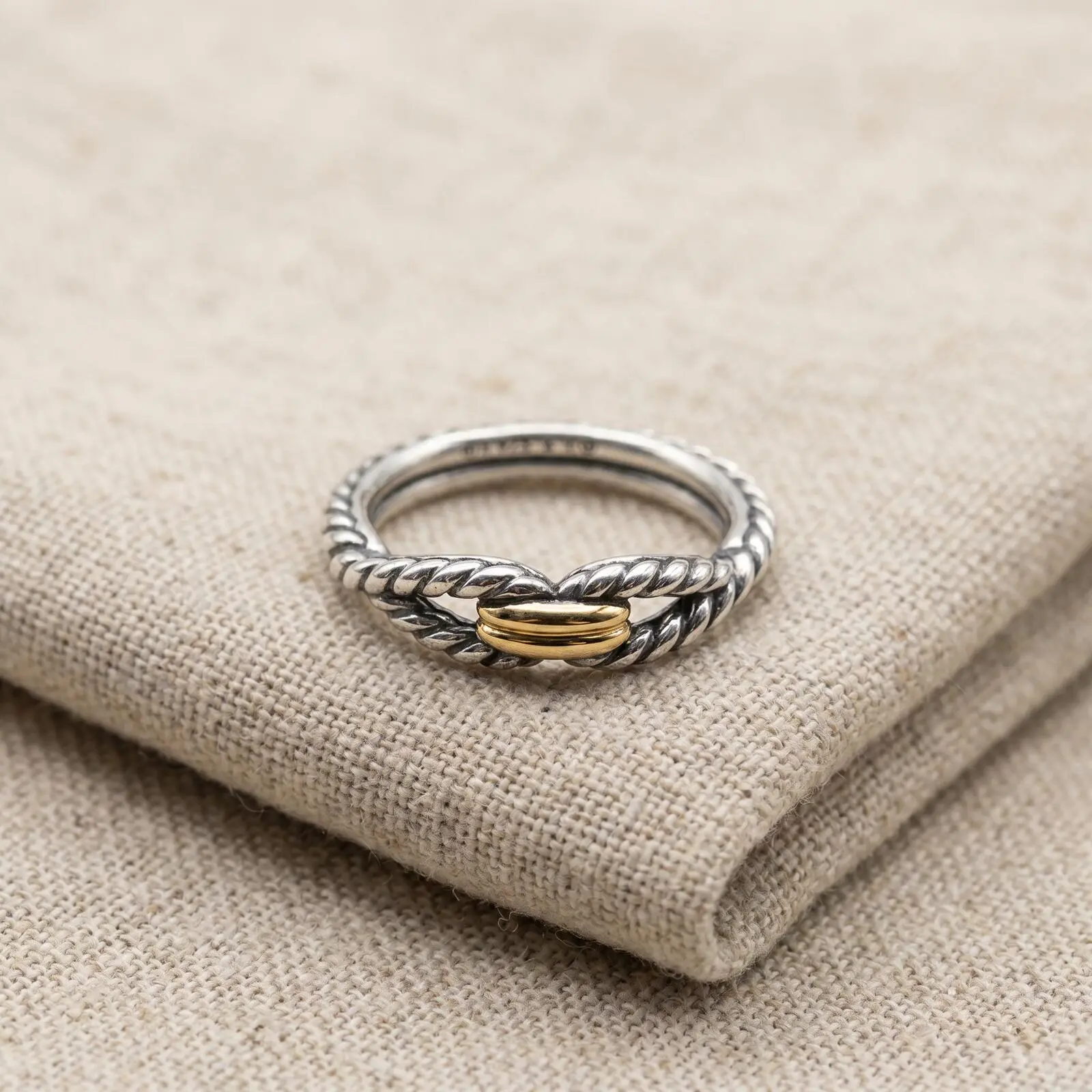 2025 New Arrival S925 Sterling Silver Horizontal Contrast Color Band Ring - Unisex Neutral Minimalist Fine Jewelry, Vintage, Avant-Garde Metallic Finish, Alternative Artist Style Rings, Bi-Metal, Forged Metal Design, Gift For Adults