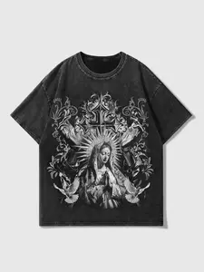 Unisex's Vintage Religious Print Short Sleeve 100% Cotton T-shirt, Street Fashion Casual Comfy Washed Distressed Tee for Daily Wear, Unisex Top for Summer, Man