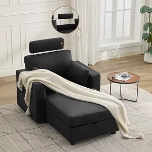 41.1" Accent Storage Sofa Chair with Ottoman, Faux Leather Living Room Chaise Lounge Chair with Headrest & Side Pockets, Modern Upholstered Comfy Arm Chairs, Sleeper Sofa, Reading Club Chairs