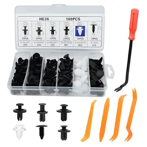 Car Repair Tool Kit 100PCS Black Nylon Auto Fasteners Push Trim Bumper Plastic Rivets Clips Kit for Vehicle Visor Body Screw Replacement with 6 Sizes and 4 Pry Tools Toolkit