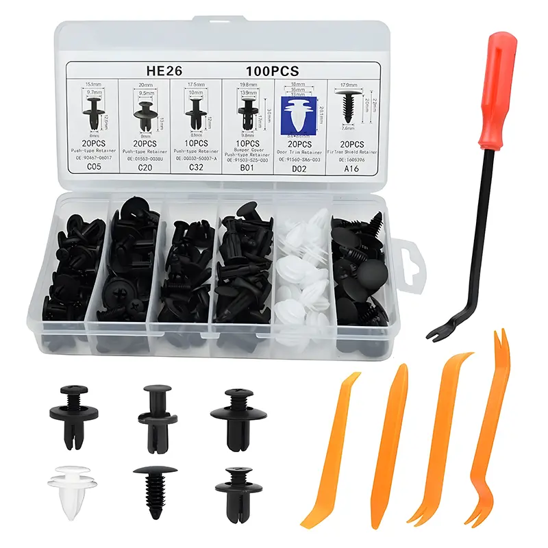 100PCS Black Nylon Automotive Repair Kit - 6-Size Multi-Size Push Rivet Clip Set, 4 Pry Tools for Quick Install Vehicle Repair, Car Visor Body Screw Replacement Interior Accessory Fastener